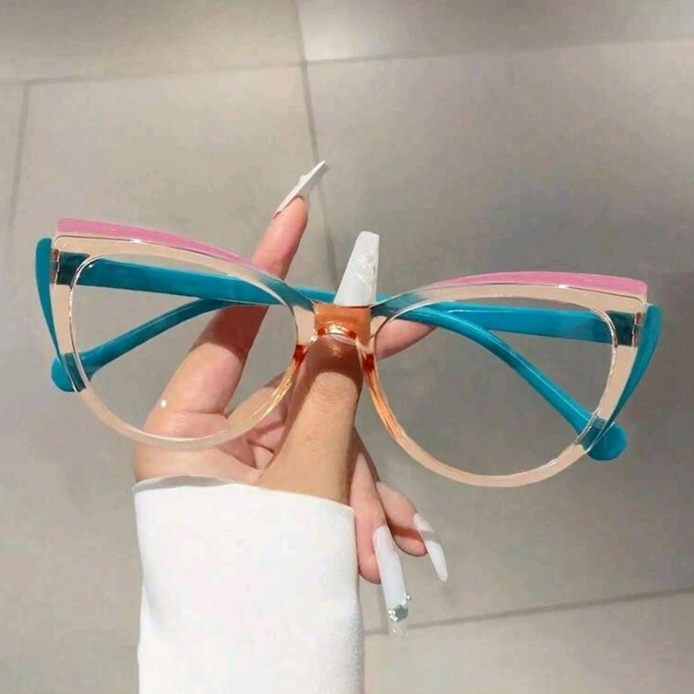 Color-Block Cat-Eye Glasses in Pink & Teal